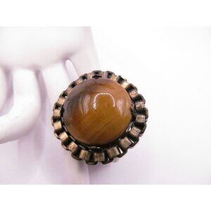 Vintage Brutalist Tigers Eye Gemstone Brass Ring